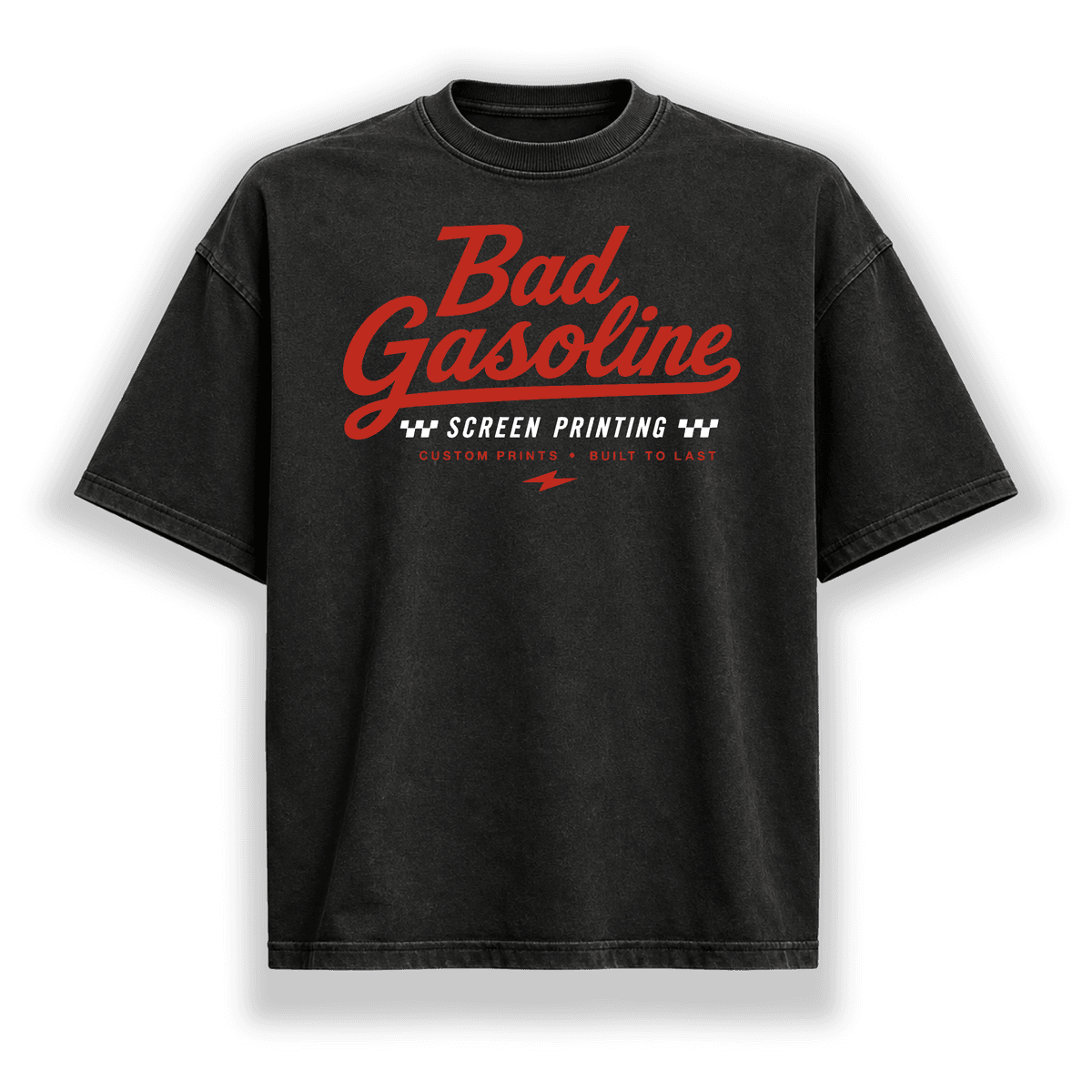 Bad Gasoline screen printing logo on a black shirt